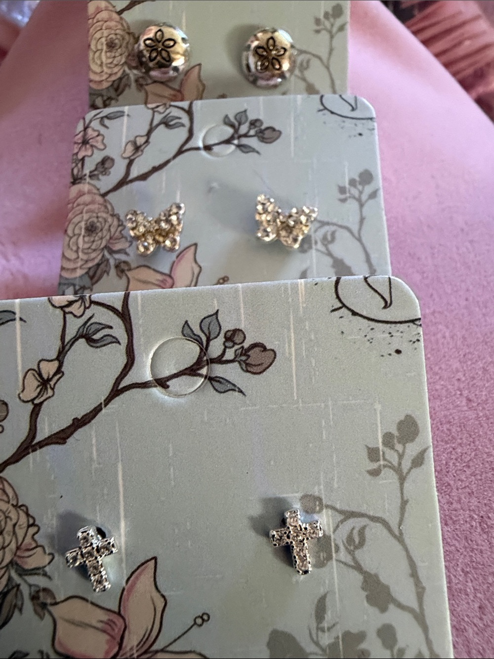 3 Pair-Crystal Cross, Butterfly & Shell-Stud Earring Sets. (J0239)